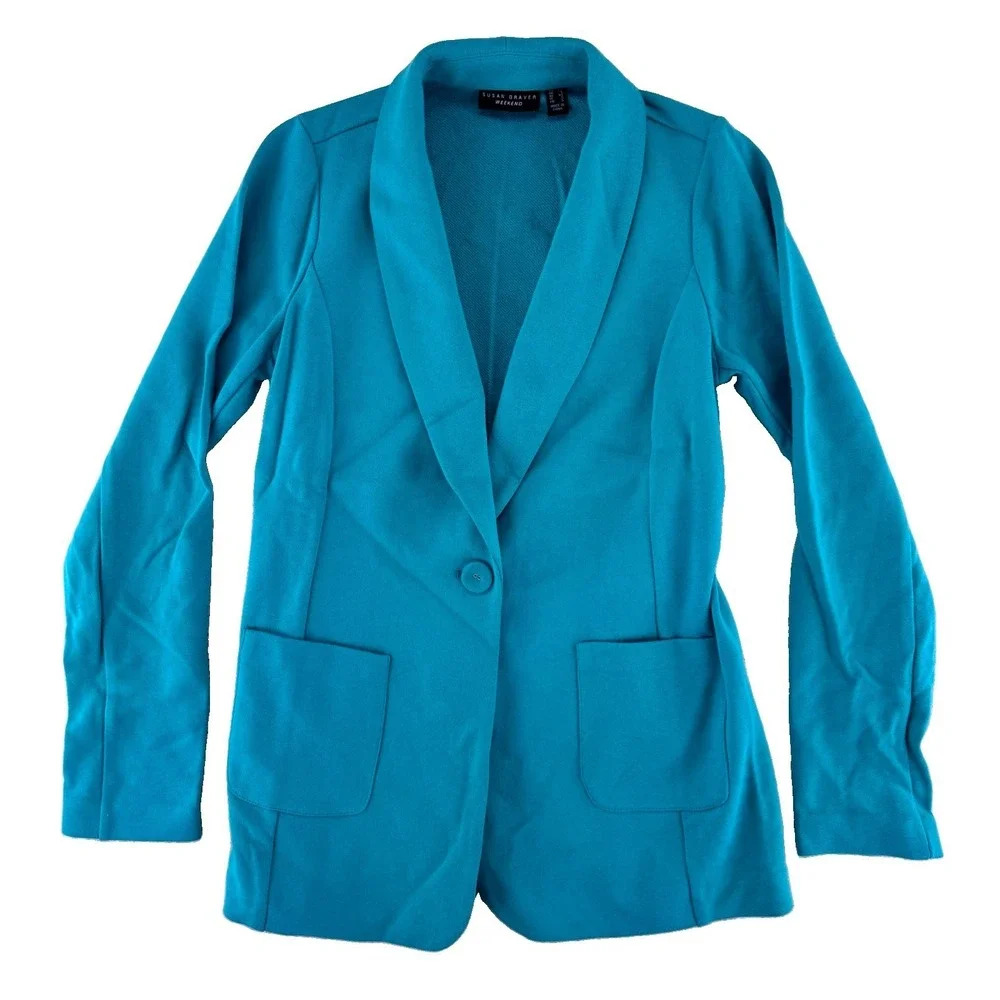Susan Graver Weekend Marina Knit Blazer XS Raw Turquoise Blue